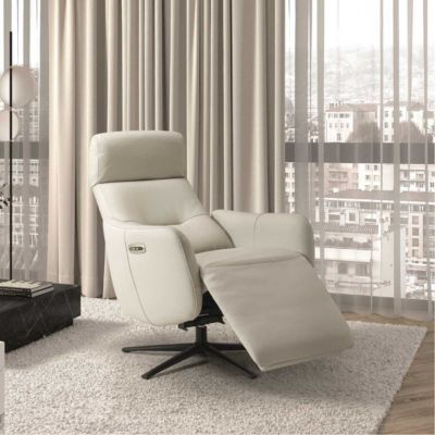 Fauteuil relax électrique pivotant avec têtière manuelle tout cuir gris clair - REANE