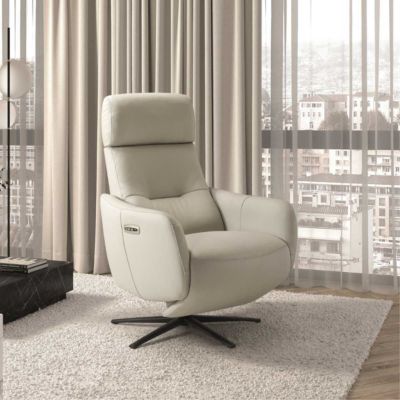 Fauteuil relax électrique pivotant avec têtière manuelle tout cuir gris clair - REANE