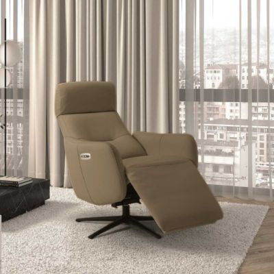 Fauteuil relax électrique pivotant avec têtière manuelle tout cuir marron clair - REANE