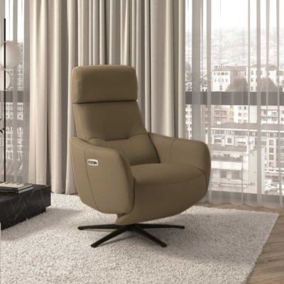 Fauteuil relax électrique pivotant avec têtière manuelle tout cuir marron clair - REANE