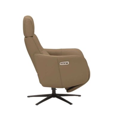 Fauteuil relax électrique pivotant avec têtière manuelle tout cuir marron clair - REANE