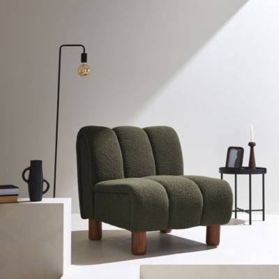 Fauteuil relax pieds arrondis en bois et tissu bouclette kaki foncé