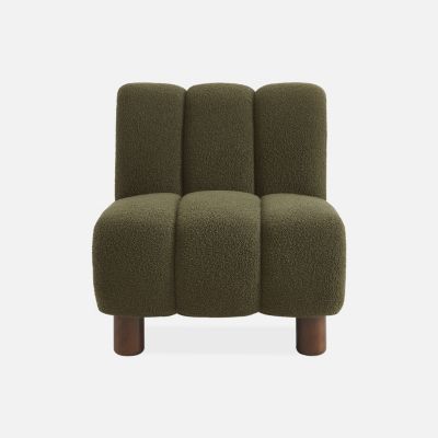 Fauteuil relax pieds arrondis en bois et tissu bouclette kaki foncé