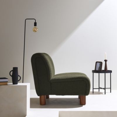 Fauteuil relax pieds arrondis en bois et tissu bouclette kaki foncé