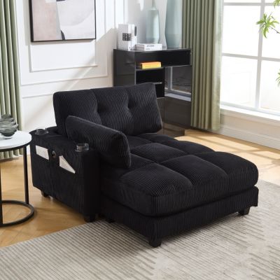 Fauteuil Relax Rembourré avec Repose-Tête et Poche Latérale - Bois de Gommier - Mousse à Mémoire - 112 x 140 x 81 cm - Noir