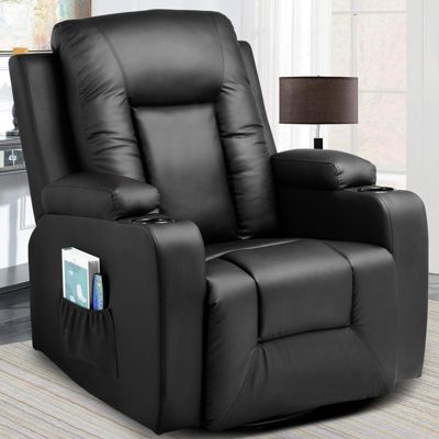 Fauteuil Relaxation PU Inclinable, Recliner Chair, Pivotant 360 deg, 2 Poches Latérales, Porte-Tasse - Noir
