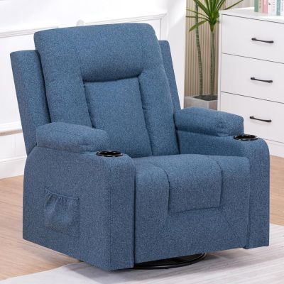 Fauteuil Relaxation Tissu Inclinable, Recliner Chair, Pivotant 360 deg, 2 Poches Latérales, Porte-Tasse - Bleu