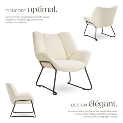 Fauteuil rembourré avec revêtement bouclé crème-blanc