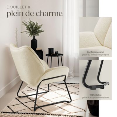 Fauteuil rembourré avec revêtement bouclé crème-blanc