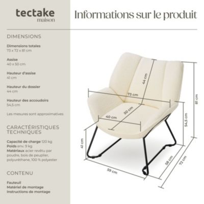 Fauteuil rembourré avec revêtement bouclé crème-blanc