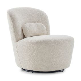 Fauteuil rond pivotant en tissu bouclette écru et un coussin - DAMIEN