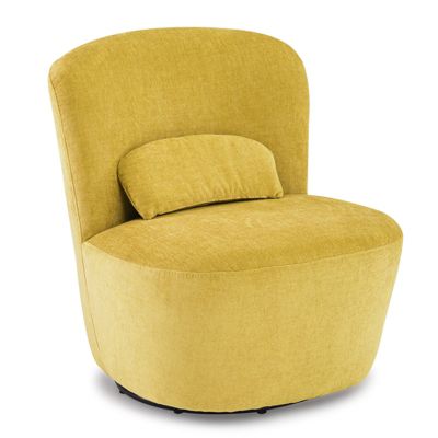 Fauteuil rond pivotant en tissu doux jaune et un coussin - DAMIEN