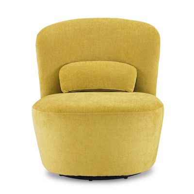 Fauteuil rond pivotant en tissu doux jaune et un coussin - DAMIEN