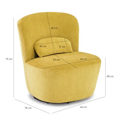 Fauteuil rond pivotant en tissu doux jaune et un coussin - DAMIEN