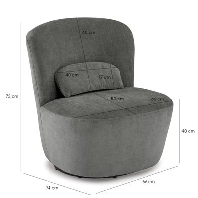 Fauteuil rond pivotant en tissu gris anthracite et un coussin - DAMIEN