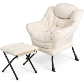 Fauteuil Salon avec Repose-Pieds Ottoman Pliant Charge 150KG+50KG-Pochette Laterale-Style Scandinave Beige