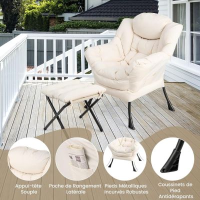 GOPLUS Chaise Paresseuse Scandinave Avec Repose-Pieds Pliable – Fauteuil Relax Ergonomique Beige, Charge 150+50 Kg, Pochette Latérale, Idéal Salon Chambre Balcon