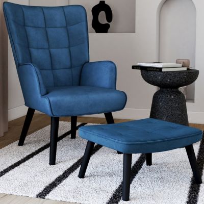 Fauteuil scandinave ANIA avec repose pieds velours bleu
