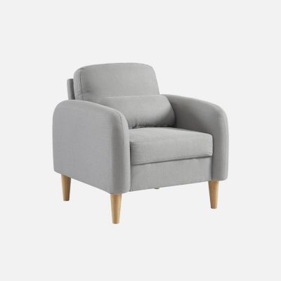 Fauteuil scandinave arrondi tissu gris clair pieds bois