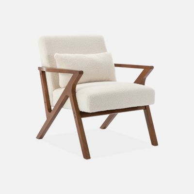 Fauteuil scandinave bois d'hévéa finition teinté noyer clair et bouclette blanche ANTOINE