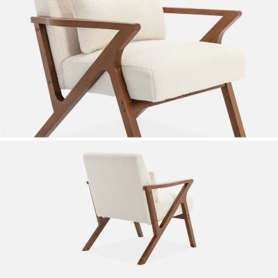 Fauteuil scandinave bois d'hévéa finition teinté noyer clair et bouclette blanche ANTOINE