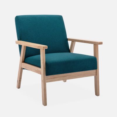 Fauteuil scandinave en bois et tissu bleu pétrole. Isak. L 64 x P 69.5 x H 73cm