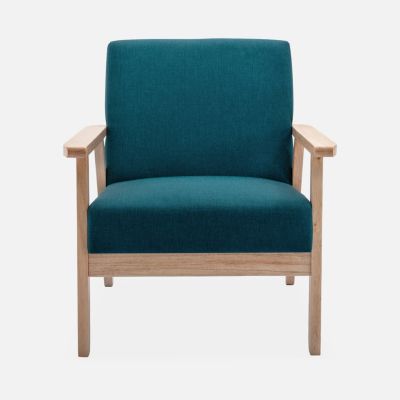 Fauteuil scandinave en bois et tissu bleu pétrole. Isak. L 64 x P 69.5 x H 73cm