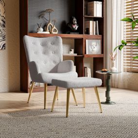 Fauteuil Scandinave à Oreilles avec Repose Pieds en Tissu Bouclette Fauteuil, Gris-1