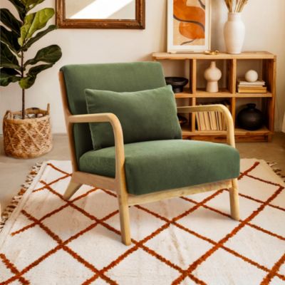 Fauteuil scandinave vintage MARIE velours côtelé kaki et bois