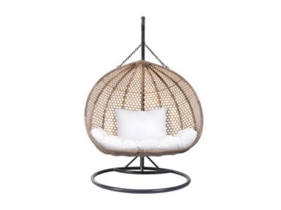Fauteuil suspendu 2 places en résine tressée - Beige et coussin blanc - VAHINA de MYLIA