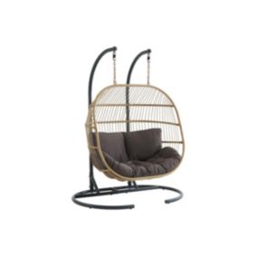 Fauteuil suspendu 2 places en résine tressée - Naturel clair avec coussin anthracite - LISSANDRA de MYLIA