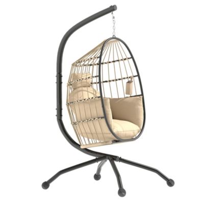 Fauteuil suspendu - fauteuil oeuf suspendu - panier pliable - épais coussin - porte-gobelet - acier noir résine tissu kaki