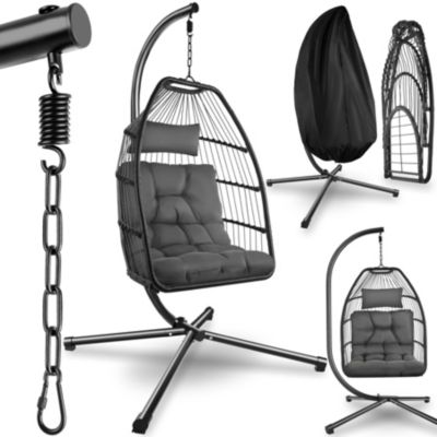 Fauteuil suspendu gris foncé acier pliable pivotant avec structure et coussin extra épais 160kg 98x107x202cm