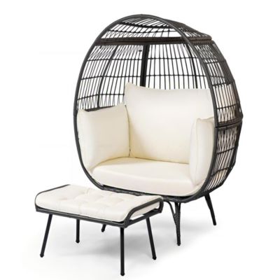 Fauteuil œuf rond en rotin pour jardin avec repose-pieds, coussin amovible confortable, pieds réglables, structure métallique