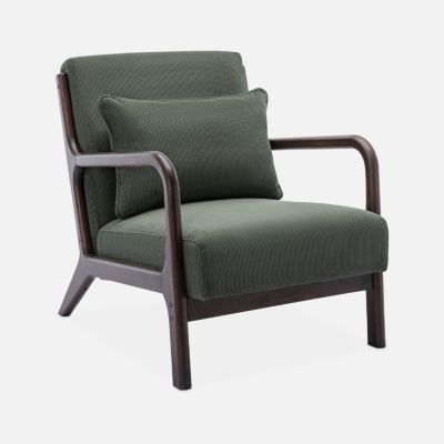 Fauteuil velours côtelé vert . pieds bois d'hévéa teinté wengé. 1 place droit fixe. pieds compas scandinave. structure en bois