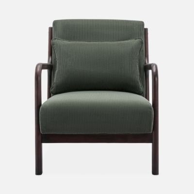 Fauteuil velours côtelé vert . pieds bois d'hévéa teinté wengé. 1 place droit fixe. pieds compas scandinave. structure en bois