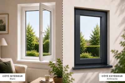 Fenêtre PVC - LxH 600x1000 mm -Triple Vitrage - Bicolore blanc int/anthracite ext-poignée à gauche