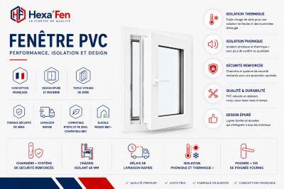 Fenêtre PVC - LxH 600x800 mm -Triple Vitrage - Blanc -poignée à droite