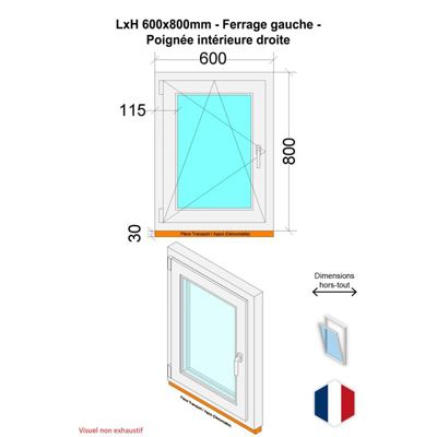 Fenêtre PVC - LxH 600x800 mm -Triple Vitrage - Blanc -poignée à droite