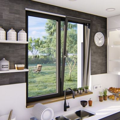 Fenêtre 2 vantaux oscillo-battante, tirant droit double vitrage GoodHome en aluminium gris l.103 x H.137 cm