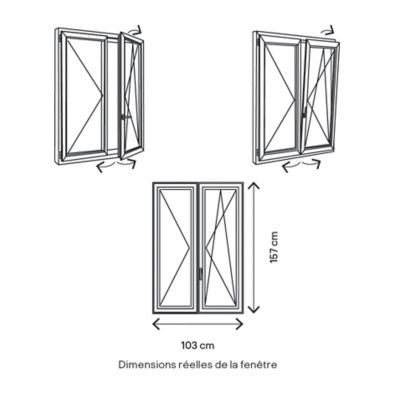 Fenêtre 2 vantaux oscillo-battante, tirant droit double vitrage GoodHome en aluminium Gris l.103 x H.157 cm