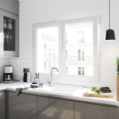 Fenêtre 2 vantaux oscillo-battante, tirant droit double vitrage GoodHome en PVC blanc l.105 x H.138 cm