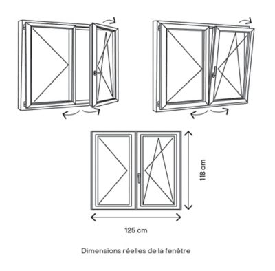 Fenêtre 2 vantaux oscillo-battante, tirant droit double vitrage GoodHome en PVC blanc l.125 x H.118 cm