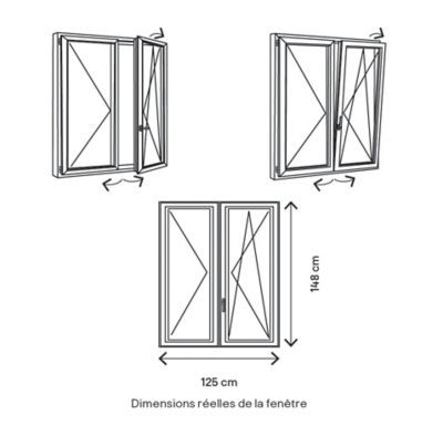 Fenêtre 2 vantaux oscillo-battante, tirant droit double vitrage GoodHome en PVC blanc l.125 x H.148 cm