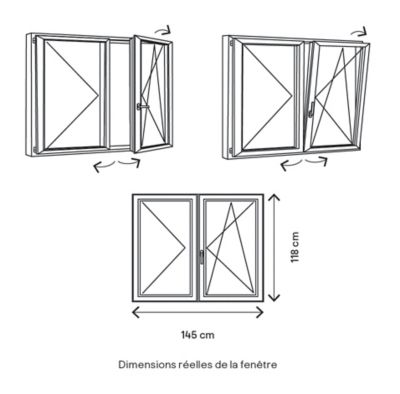 Fenêtre 2 vantaux oscillo-battante, tirant droit double vitrage GoodHome en PVC blanc l.145 x H.118 cm