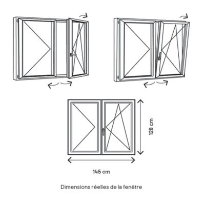 Fenêtre 2 vantaux oscillo-battante, tirant droit double vitrage GoodHome en PVC blanc l.145 x H.128 cm