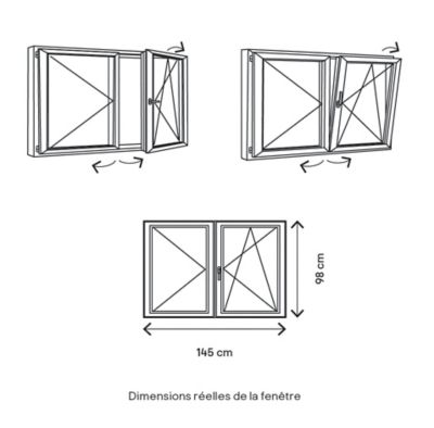 Fenêtre 2 vantaux oscillo-battante, tirant droit double vitrage GoodHome en PVC blanc l.145 x H.98 cm