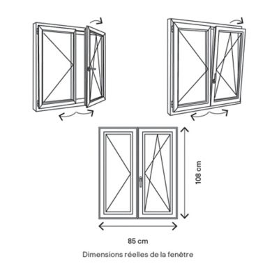 Fenêtre 2 vantaux oscillo-battante, tirant droit double vitrage GoodHome en PVC blanc l.85 x H.108 cm