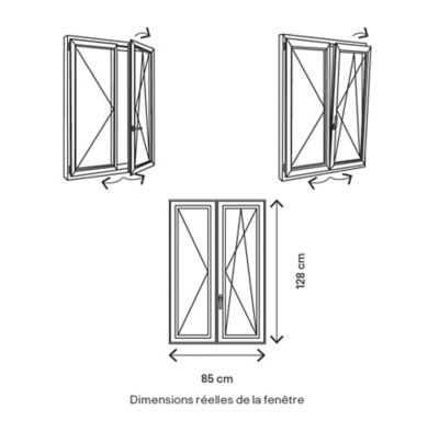 Fenêtre 2 vantaux oscillo-battante, tirant droit double vitrage GoodHome en PVC blanc l.85 x H.128 cm