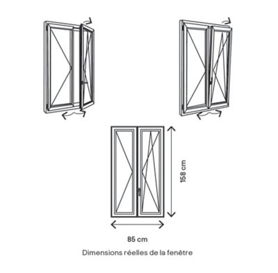 Fenêtre 2 vantaux oscillo-battante, tirant droit double vitrage GoodHome en PVC blanc l.85 x H.158 cm